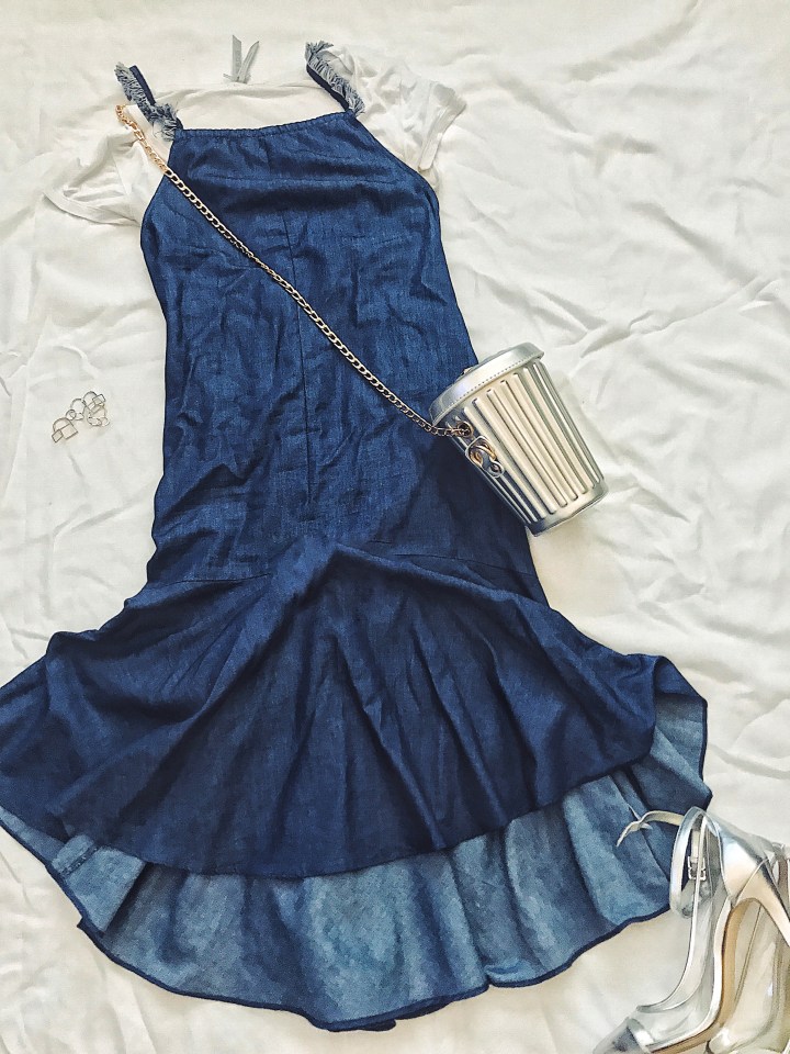 Denim dress trash can clutch silver heel