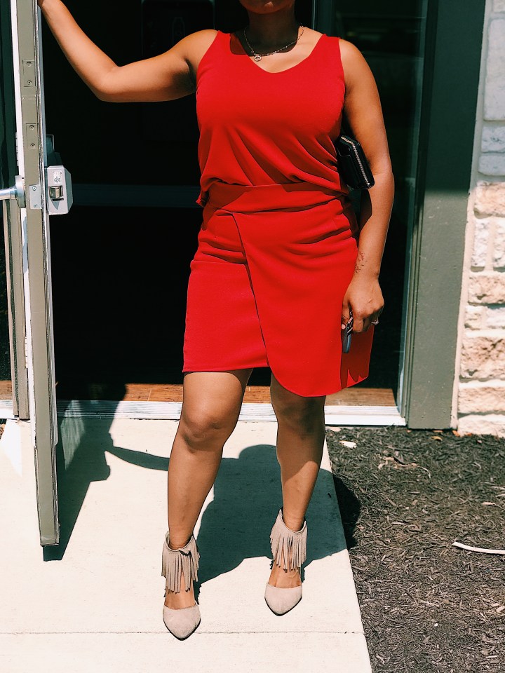 red top and wrap skirt set