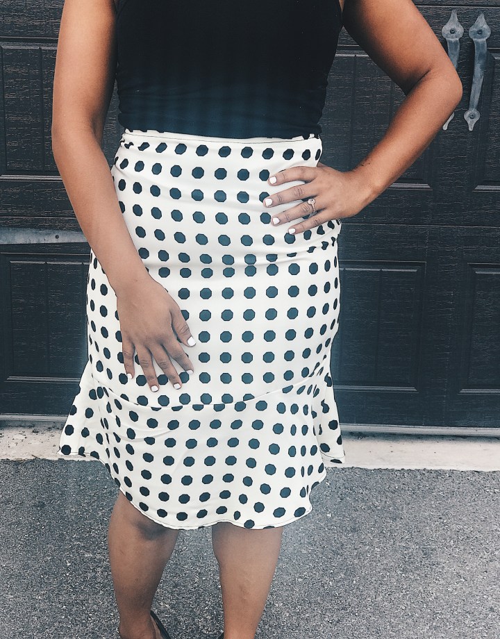 front of polka dot skirt blue labels boutique