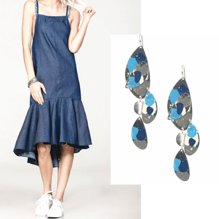 denim dress and painted earrings