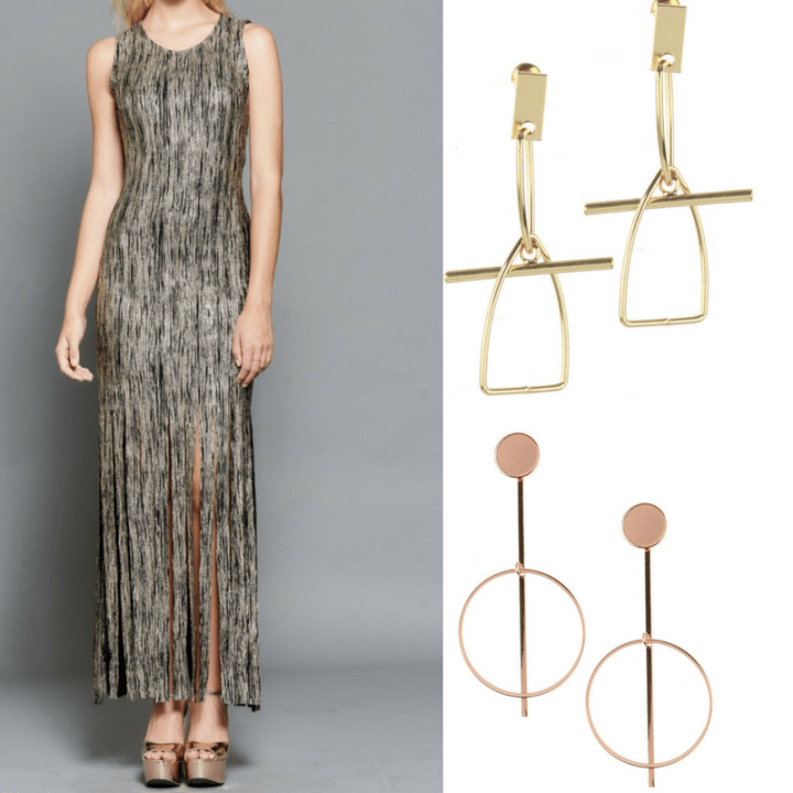 gold and black fringe womens dress and gold earrings