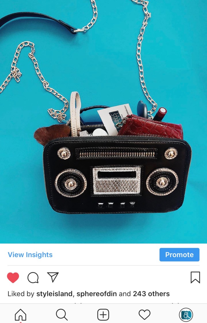 radio shaped handbag blue labels boutique