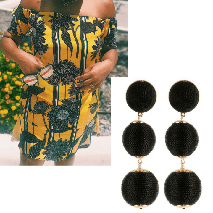 yellowsunflowerofftheshoulderdressblackearrings