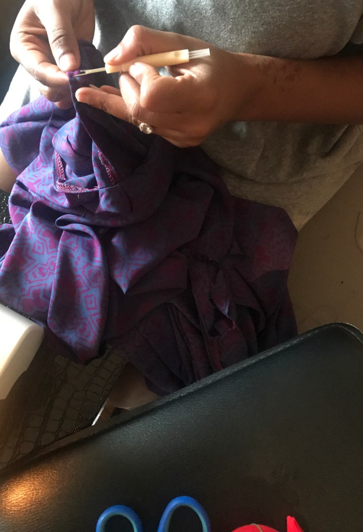 removing thread from purple and pink maxi dress