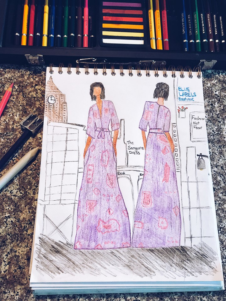 fashion sketch of purple and pink maxi dress