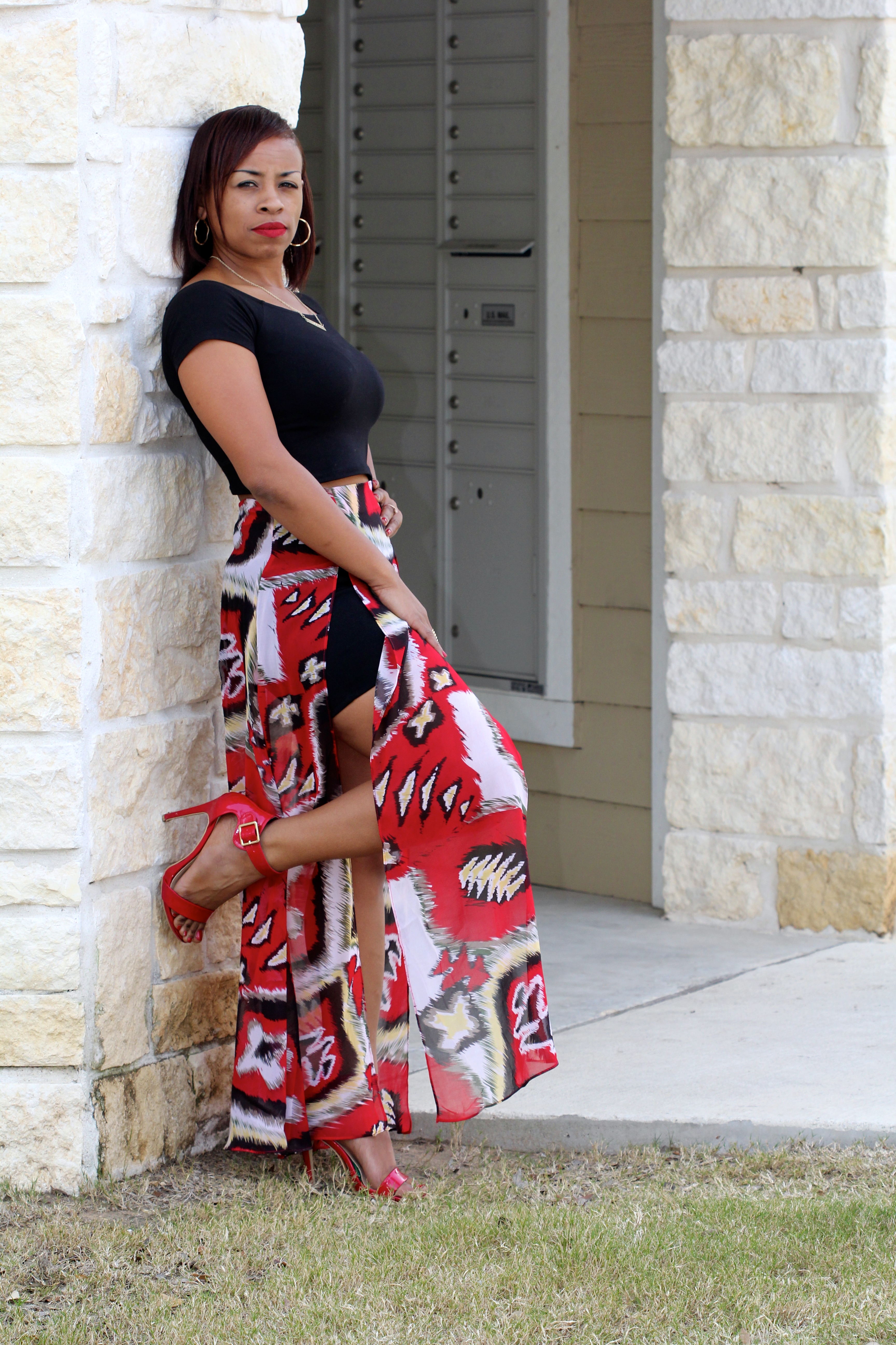 red printed sheer maxi dress 