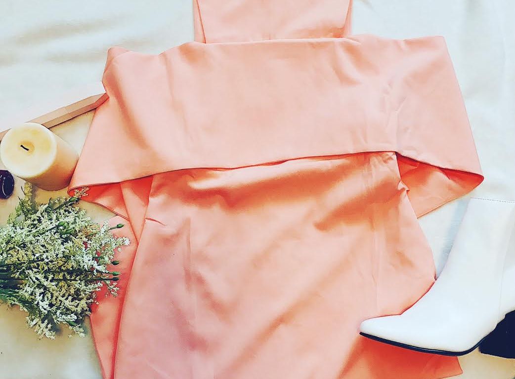 off the shoulder peach dress