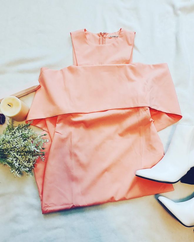 off the shoulder peach dress