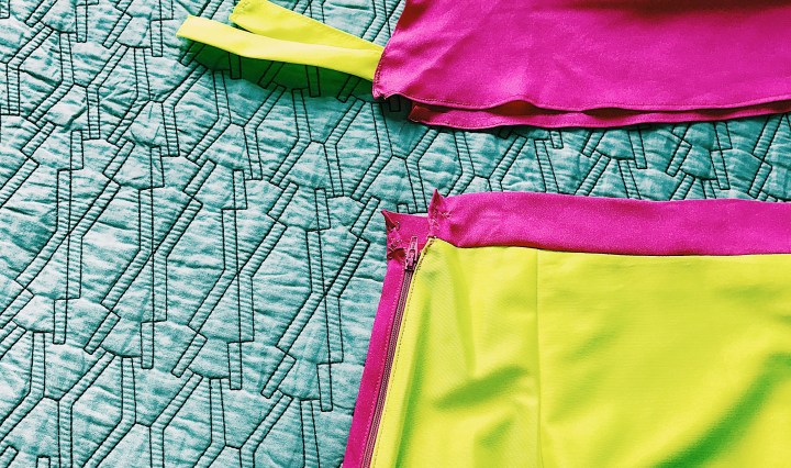 neon yellow and pink top and skirt set