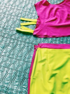 neon yellow and pink top and skirt set