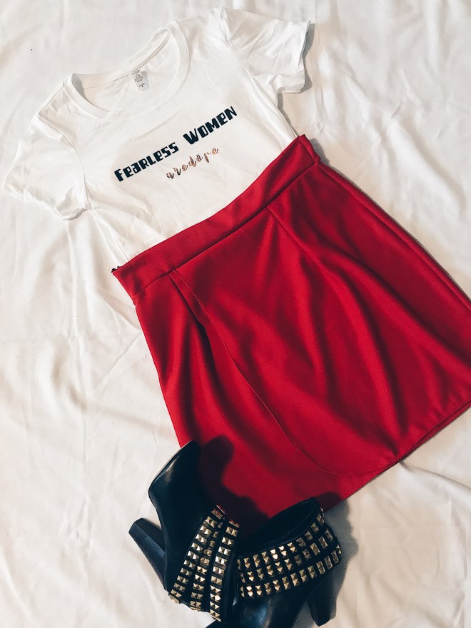 fearless women t-shirt red wrap skirt metal and black boot 