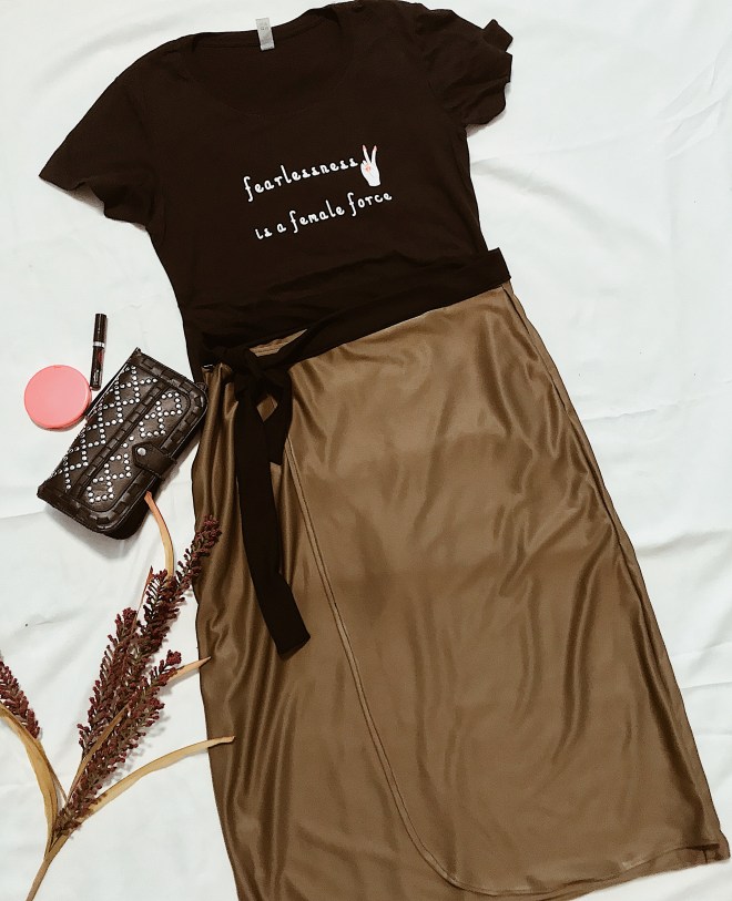 fearless woman t-shirt, olive wrap skirt 