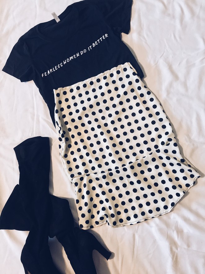 fearless women t-shirt, polka dot skirt knee high boots