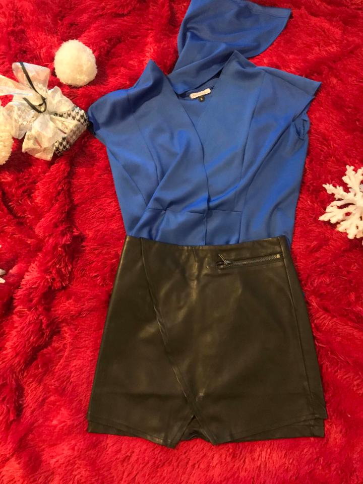 blue hoodie leather skirt