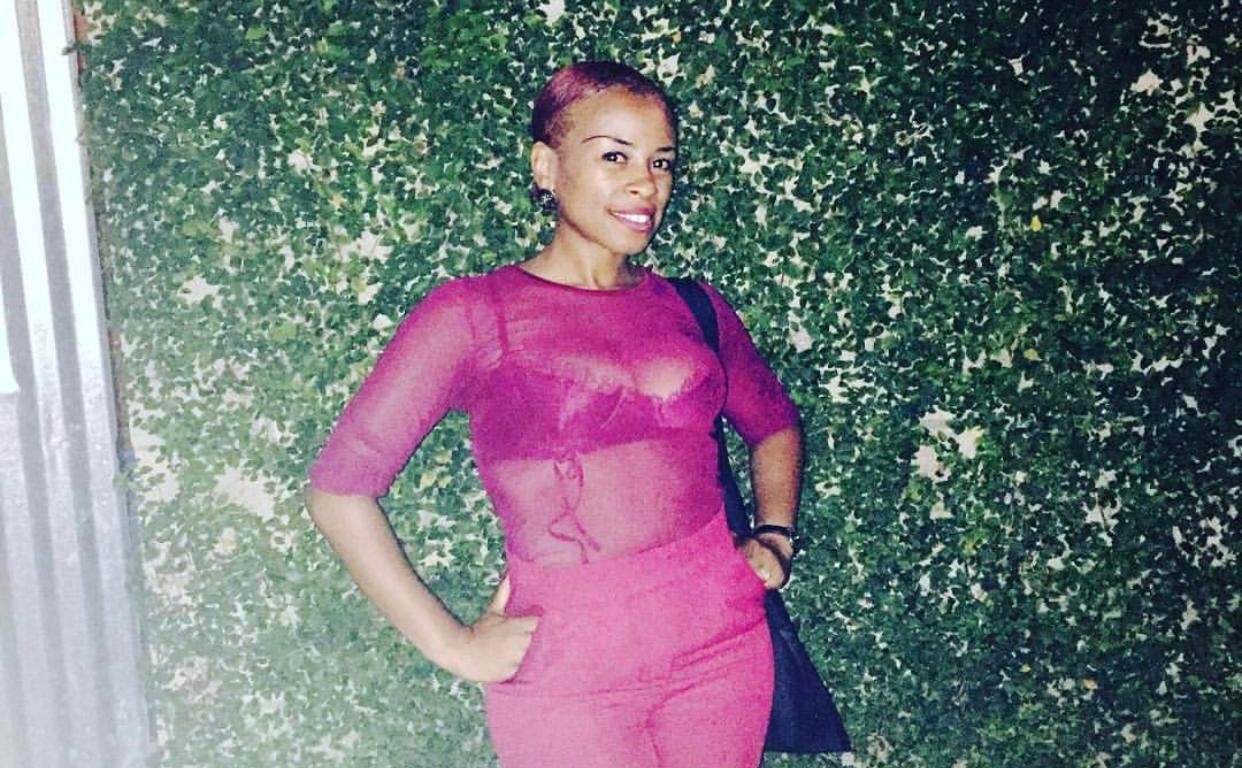 Burgundy sheer top Burgundy buckle trousers