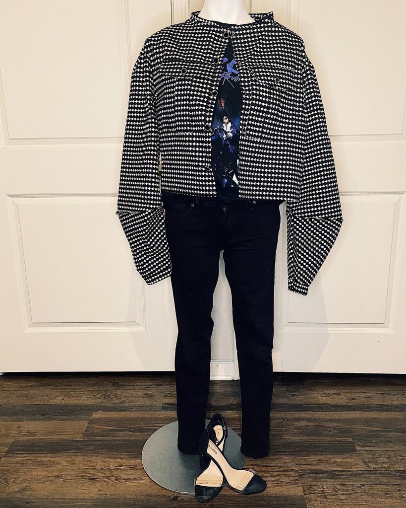 Black and white printed jacket graphic tee jeans 