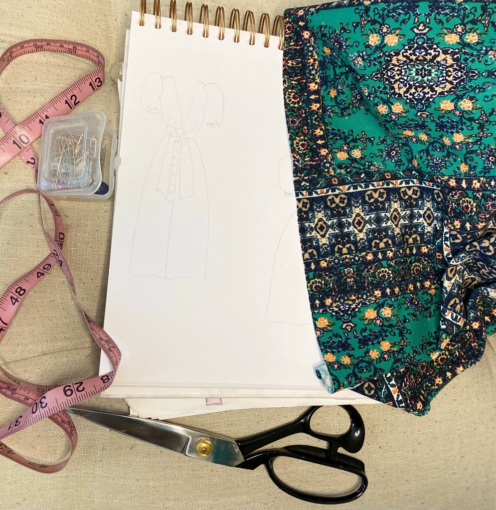 Dress sketch with printed fabric 