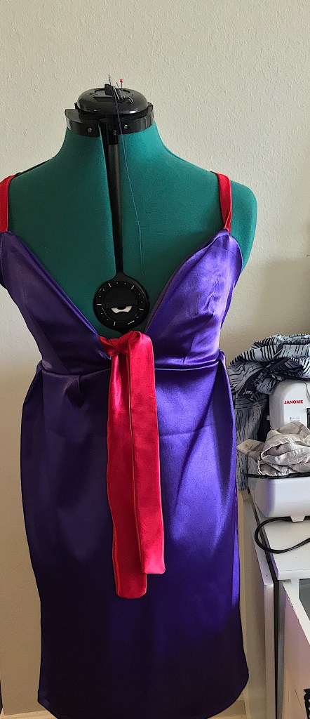 Image of purple and red handcrafted satin dress