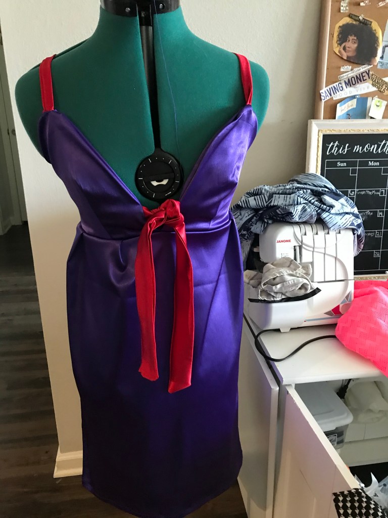 Image of purple and red handmade satin dress