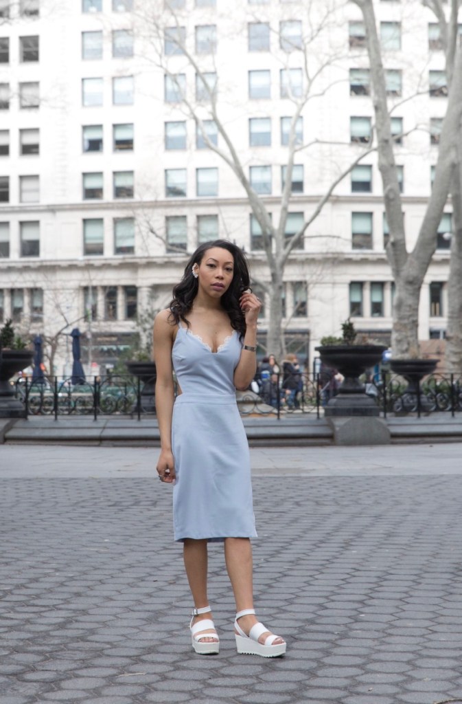 Image of blue spaghetti strap and lace dress